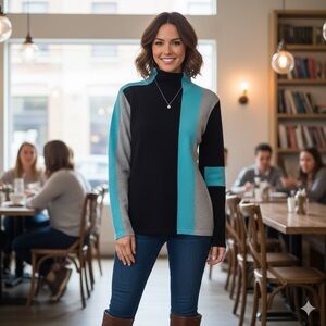 Retro Color Block Black Blue Gray Tight Knit High Neck Long Sleeve Mod Slim Fit